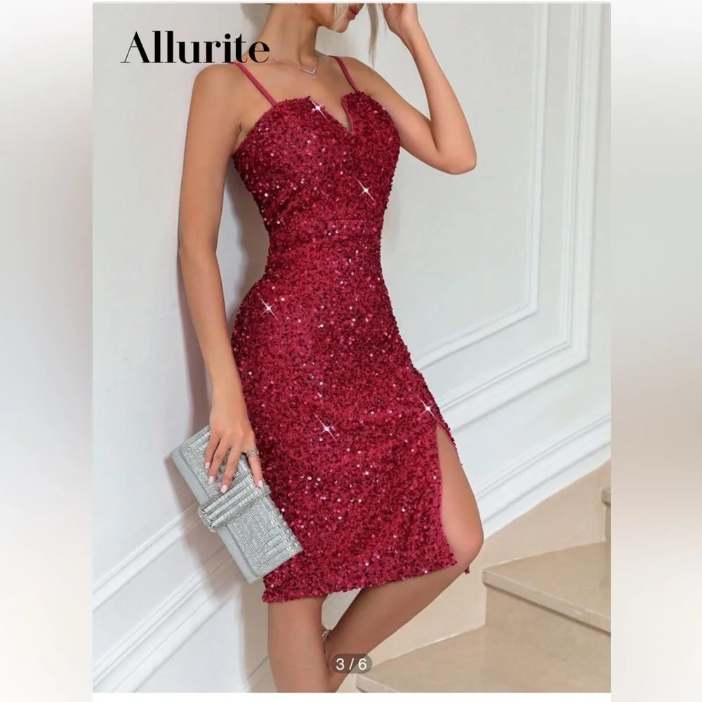 Women’s Red Sequin Thigh Slit Sleeveless Spaghetti Strap Cocktail Party Dress XL - Picture 4 of 14